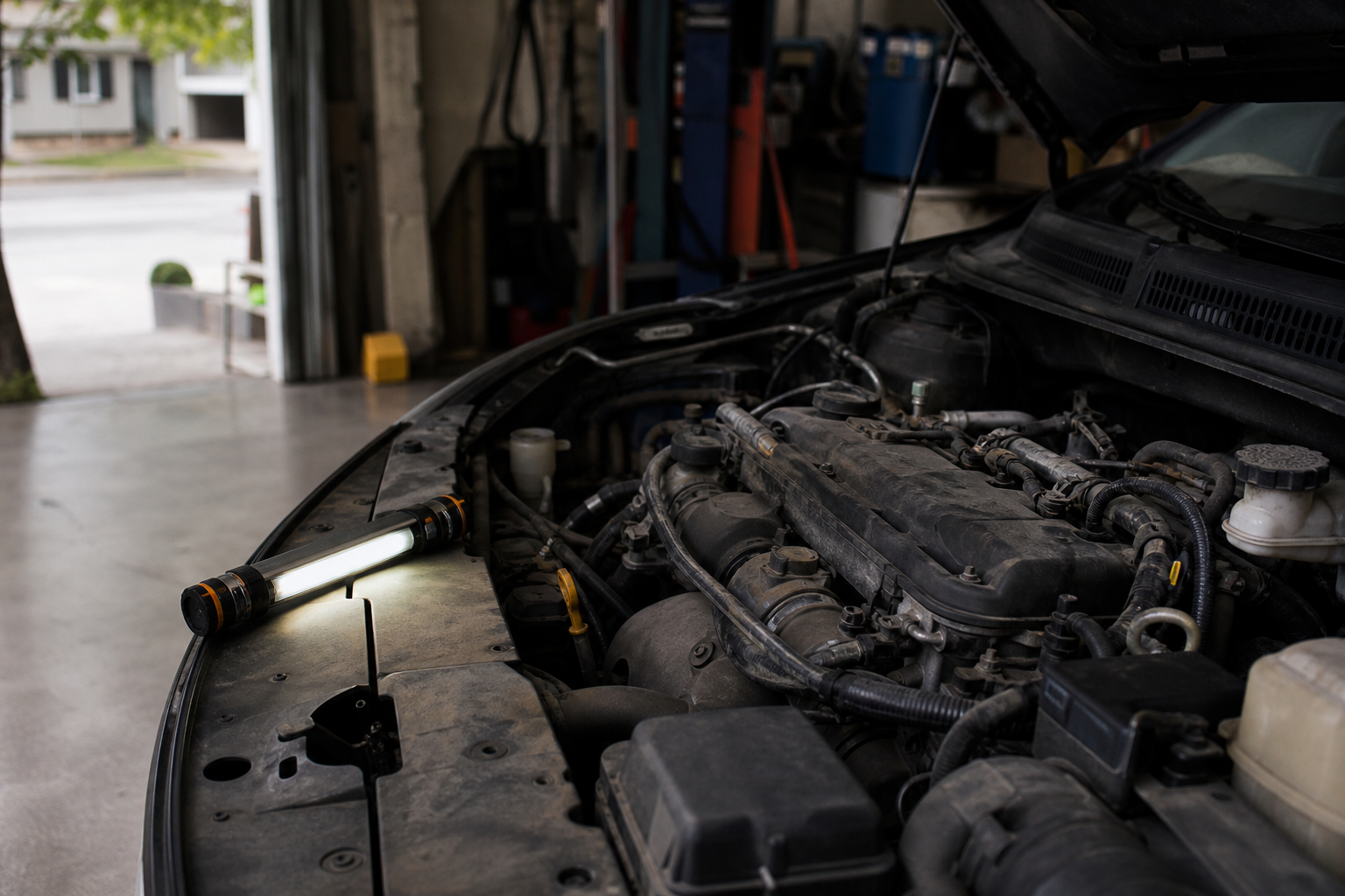 Checking the chassis in the engine compartment with a flashlight